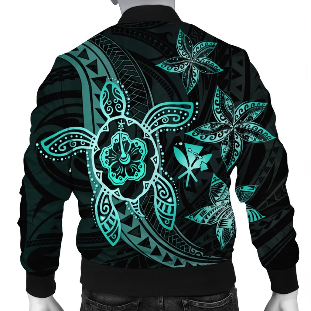 Kanaka Map Hibiscus Plumeria Turtle Art Turquoise Polynesian Bomber Jacket - AH - Polynesian Pride