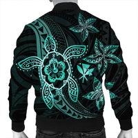 Kanaka Map Hibiscus Plumeria Turtle Art Turquoise Polynesian Bomber Jacket - AH - Polynesian Pride