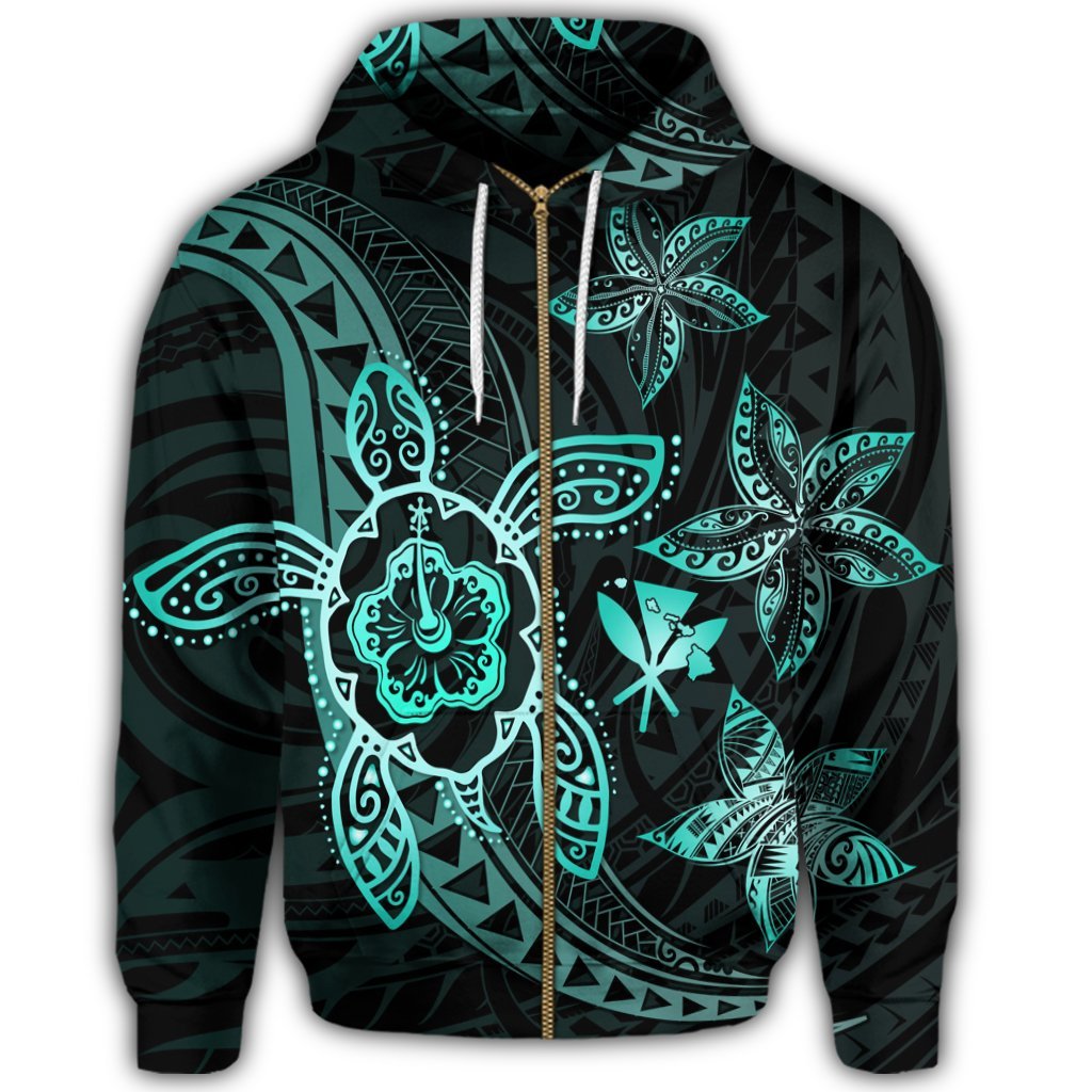 Kanaka Map Hibiscus Plumeria Turtle Art Turquoise Polynesian Zip Hoodie - Polynesian Pride