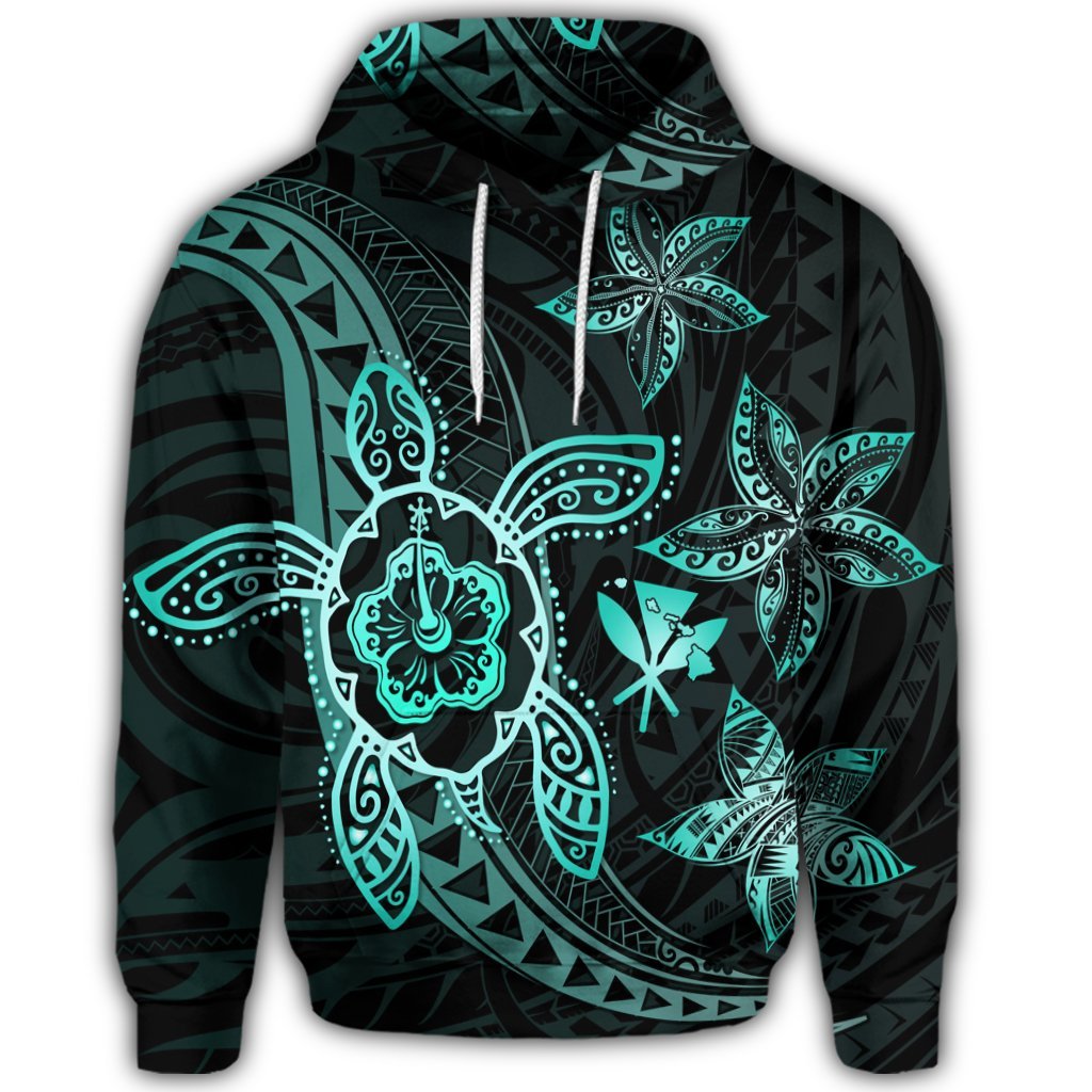Kanaka Map Hibiscus Plumeria Turtle Art Turquoise Polynesian Hoodie - Polynesian Pride