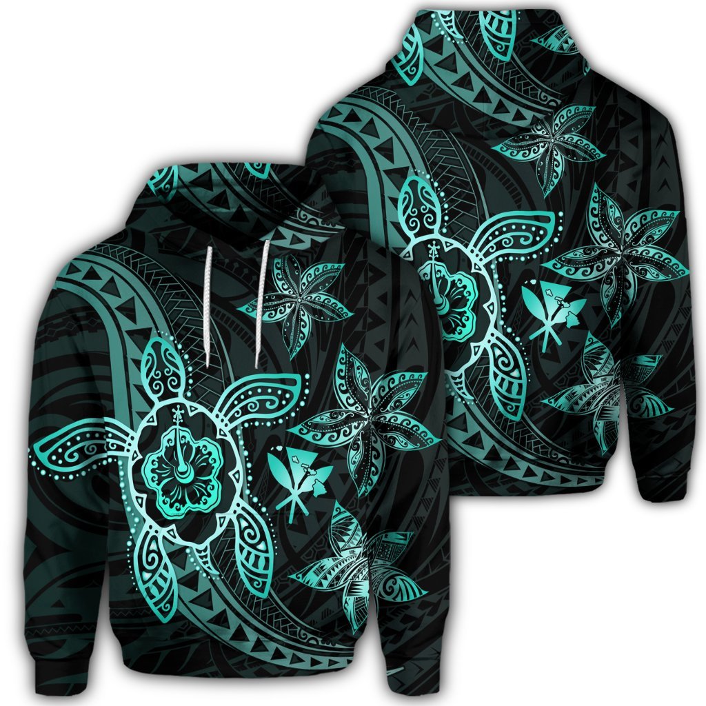 Kanaka Map Hibiscus Plumeria Turtle Art Turquoise Polynesian Hoodie Unisex Art - Polynesian Pride