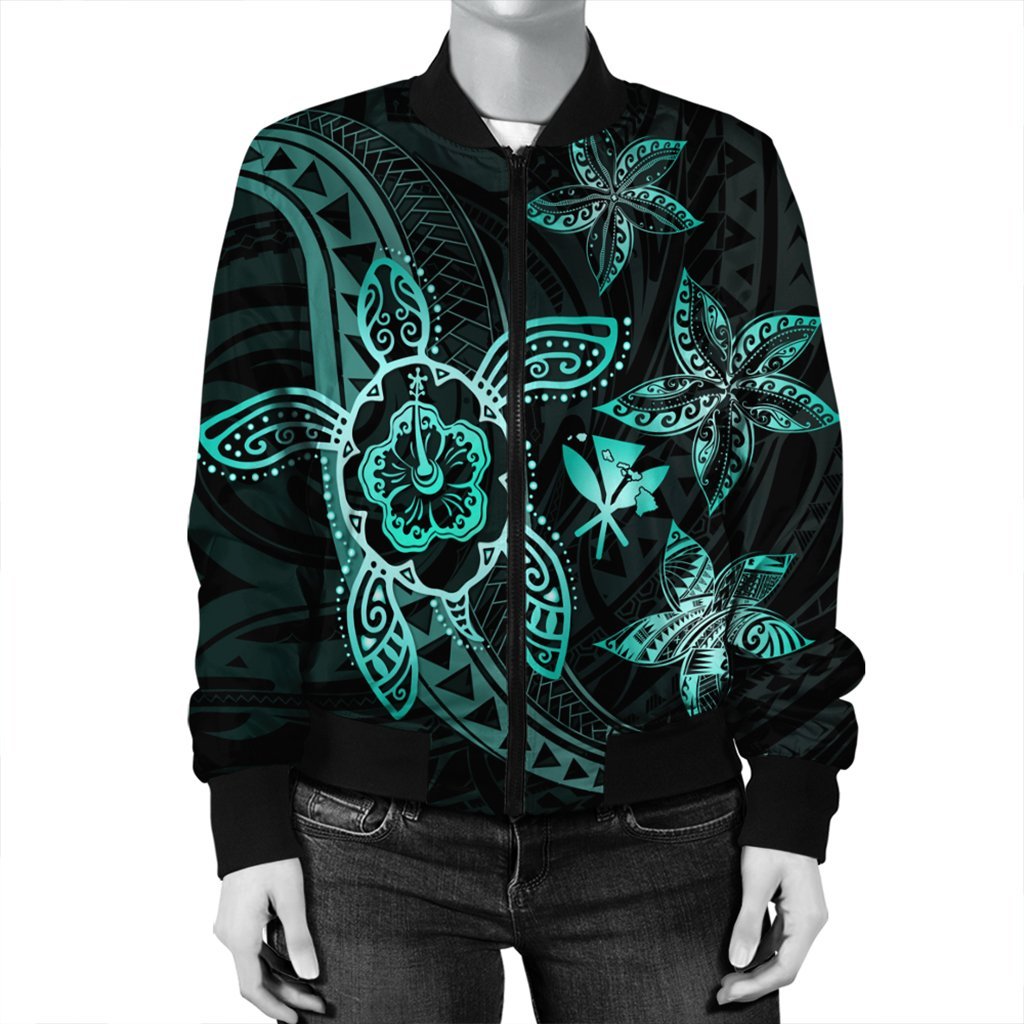 Kanaka Map Hibiscus Plumeria Turtle Art Turquoise Polynesian Bomber Jacket - AH - Polynesian Pride