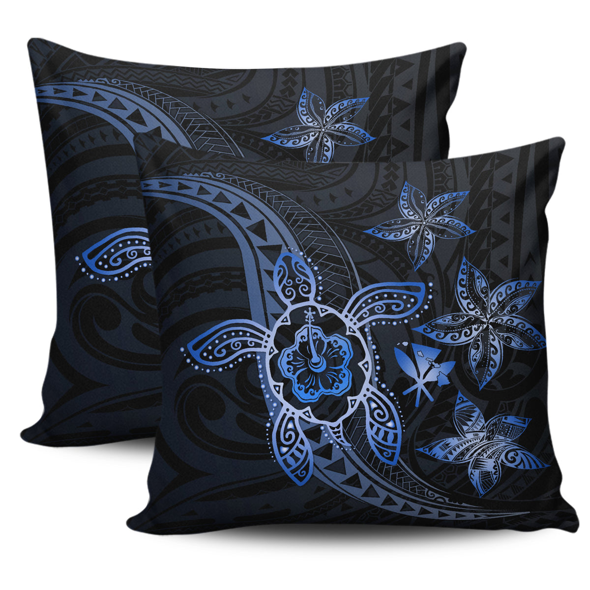 Kanaka Map Hibiscus Plumeria Turtle Art Blue Polynesian Pillow Covers One Size Zippered Pillow Cases 18"x 18" (Twin Sides) (Set of 2) Blue - Polynesian Pride