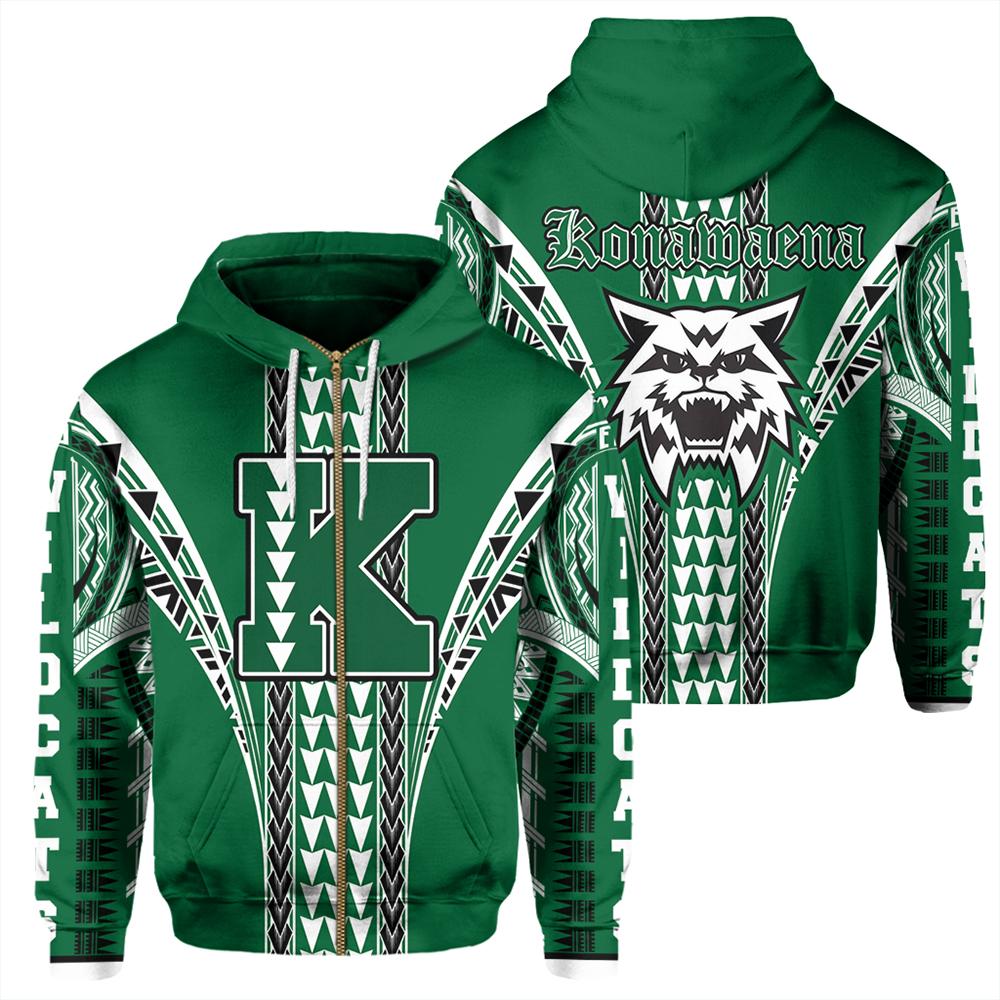 Hawaii Hoodie Konawaena High Zip Hoodie Unisex Green - Polynesian Pride