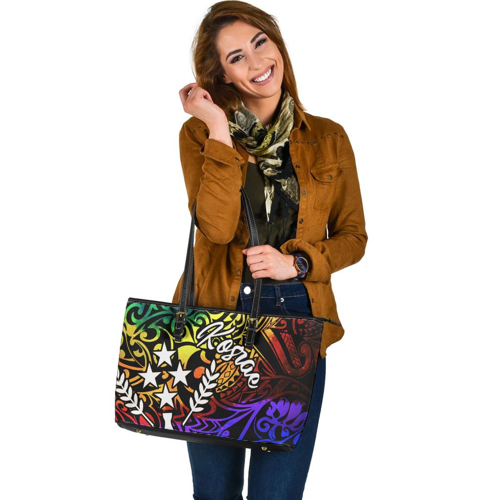 Kosrae Large Leather Tote Bag - Rainbow Polynesian Pattern - Polynesian Pride