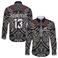(Custom Text and Number) New Zealand Silver Fern Rugby Long Sleeve Button Shirt All Black NZ Maori Pattern LT13 Unisex Black - Polynesian Pride