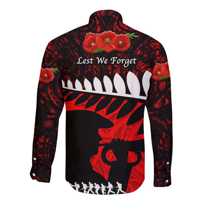 New Zealand Maori ANZAC Hawaii Long Sleeve Button Shirt Remembrance Soldier - Red LT8 - Polynesian Pride