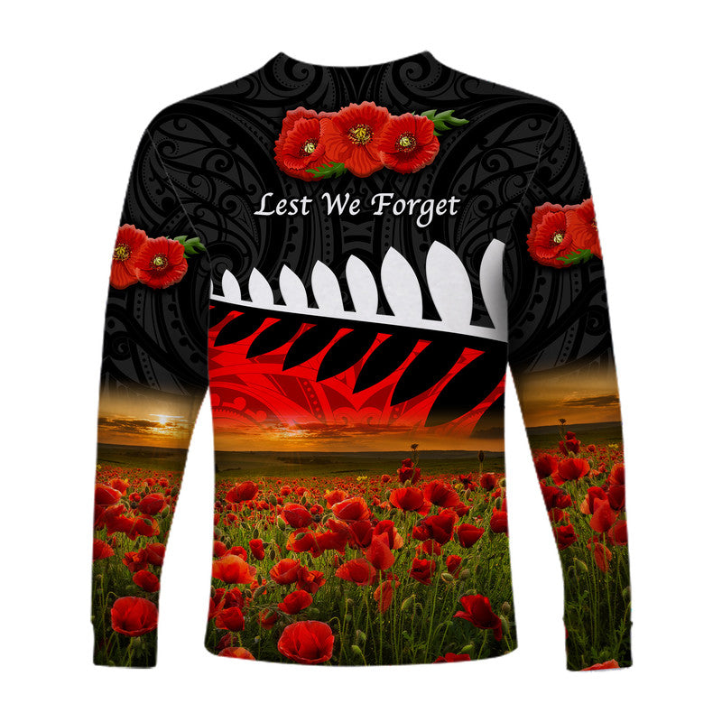 New Zealand Maori ANZAC Long Sleeve Shirt Poppy Vibes - Black LT8 - Polynesian Pride
