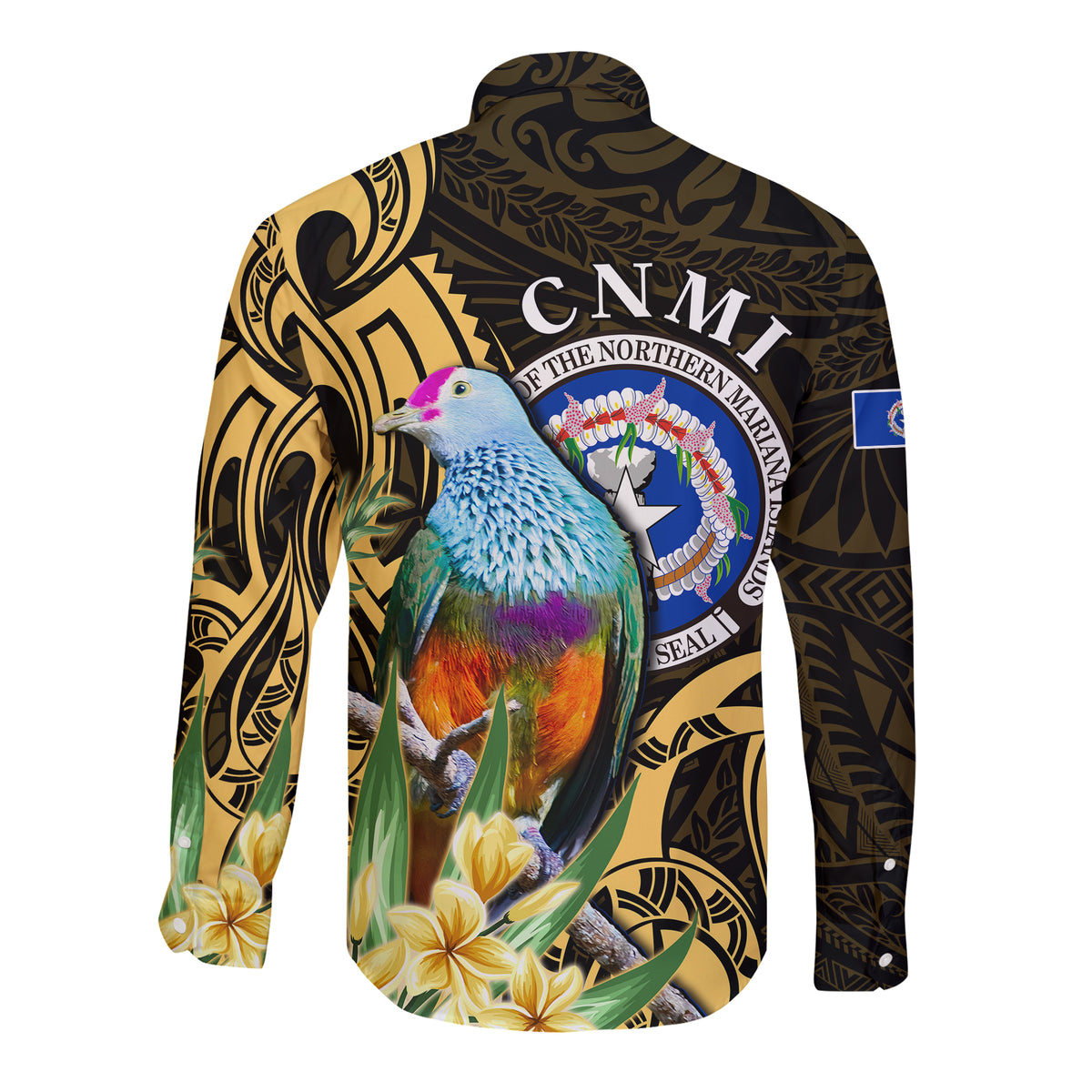 (Custom Personalised) Northern Mariana Islands Hawaii Long Sleeve Button Shirt Mariana Fruit Dove Mix Frangipani Flowers Gold LT13 - Polynesian Pride