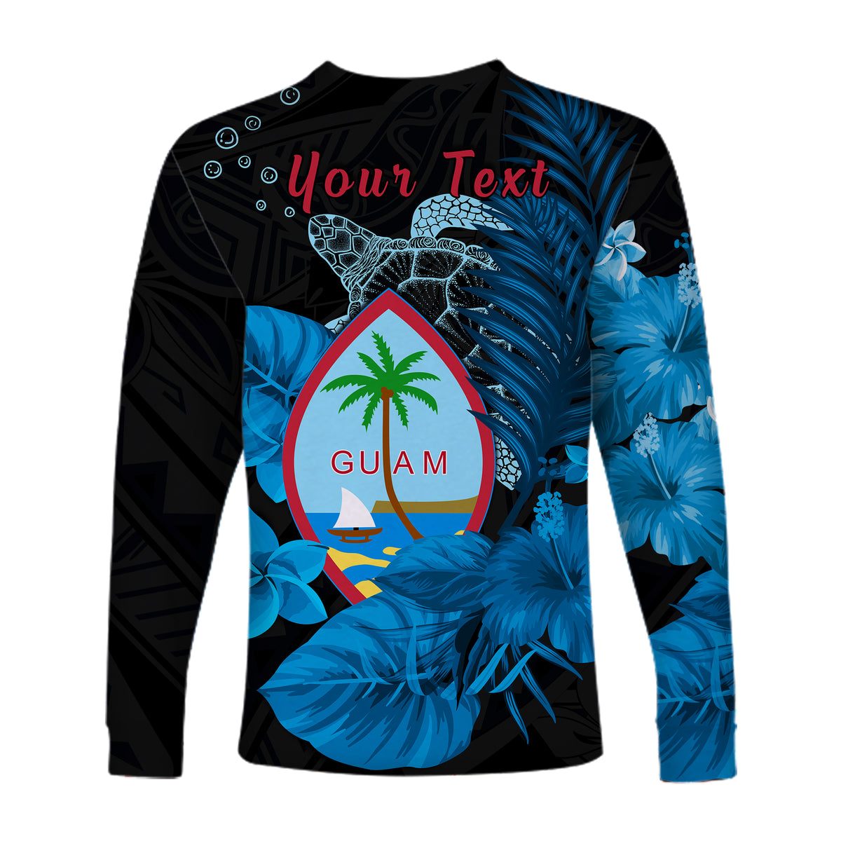 (Custom Personalised) Guam Seal Long Sleeve Shirt Polynesian Turtle with Flowers Version Blue LT13 - Polynesian Pride