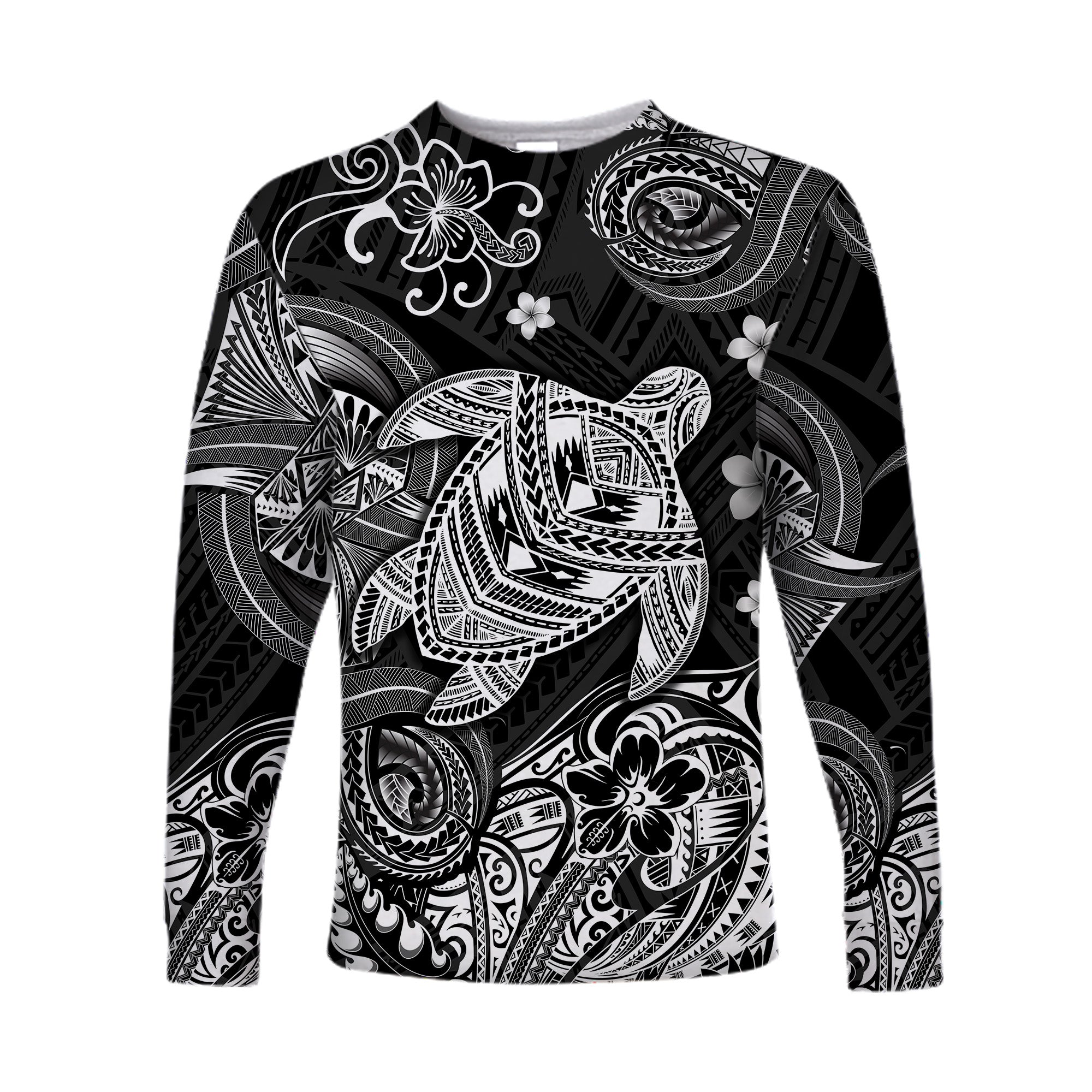 Hawaii Turtle Polynesian Long Sleeve Shirt Plumeria Flower Unique Style - Black LT8 - Polynesian Pride
