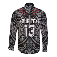 (Custom Text and Number) New Zealand Silver Fern Rugby Long Sleeve Button Shirt All Black NZ Maori Pattern LT13 - Polynesian Pride