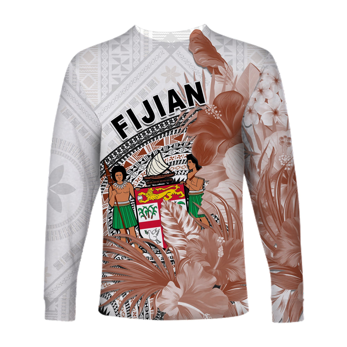 Fiji Tapa Long Sleeve Shirt White Fijian Masi Be Loved Hibiscus LT13 - Polynesian Pride
