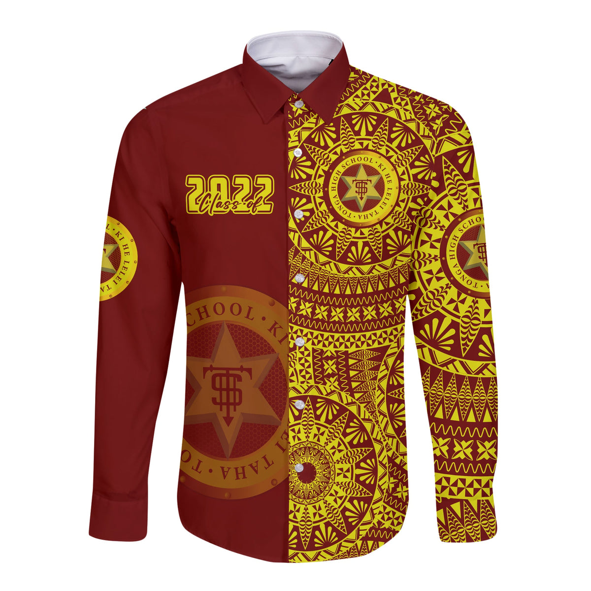 (Custom Text And Number) Tonga High School Long Sleeve Button Shirt Class Of Year Tongan Ngatu Pattern LT14 - Polynesian Pride