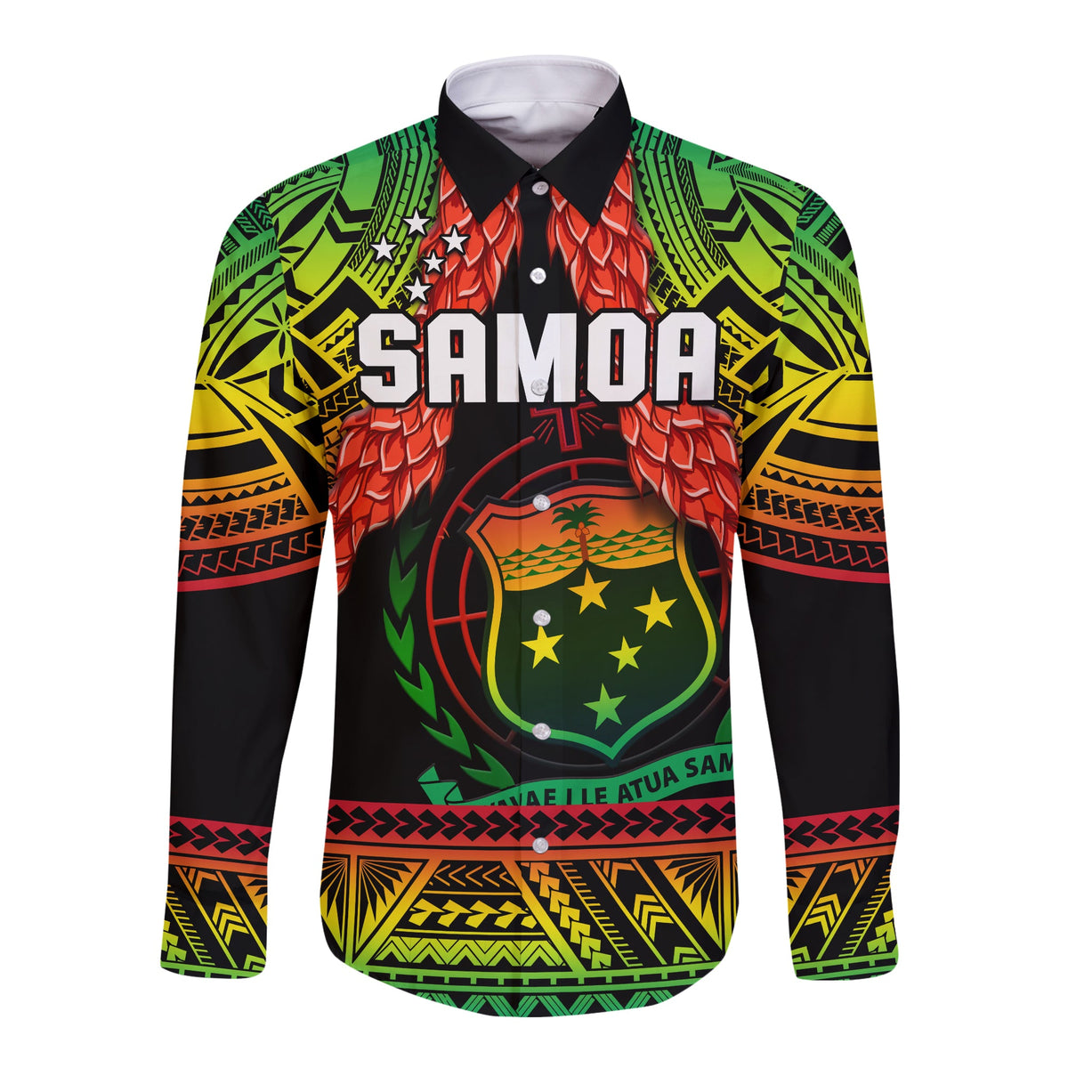 Samoa Rugby Long Sleeve Button Shirt Teuila Torch Ginger Gradient Style LT14 Unisex Black - Polynesian Pride