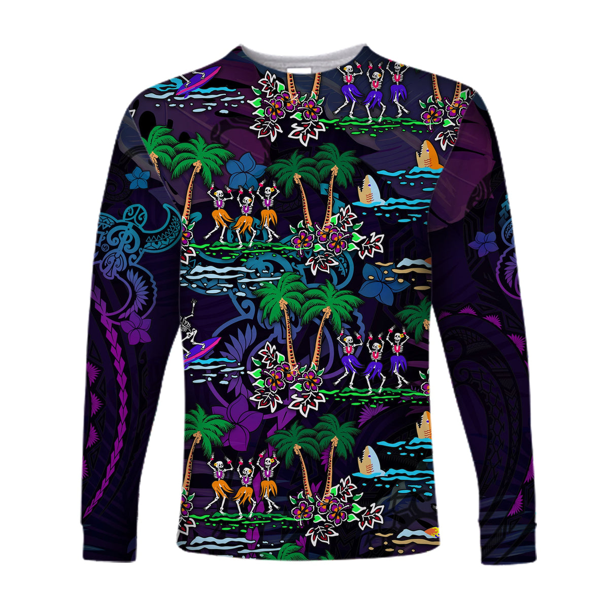 (Custom Personalised) Hawaii Skeleton Dancing Long Sleeve Shirt Halloween Hawaiian Turtle LT13 - Polynesian Pride