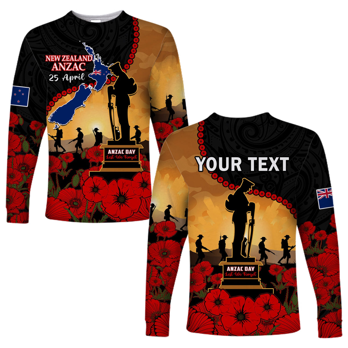 (Custom Personalised) New Zealand Anzac Long Sleeve Shirt Maori Camouflage Mix Poppies We Will Remember Them LT14 Unisex Black - Polynesian Pride