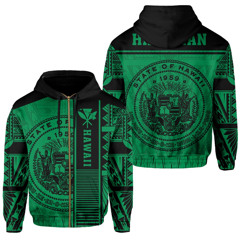 Polynesian Seal of Hawaii Zip Hoodie Green NRP Style Unisex Green - Polynesian Pride