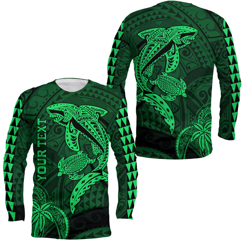(Custom Personalised) Hawaii Long Sleeve Shirt Shark and Turtle Mix Kakau Green LT9 Unisex Green - Polynesian Pride