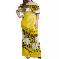 Fiji Day Off Shoulder Long Dress Flying Fijians Masi Kesa Style - Gold LT7 Women Gold - Polynesian Pride