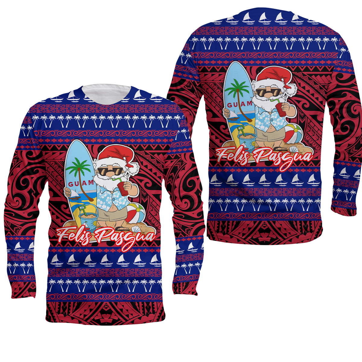 Guam Christmas - Felis Pasgua Santas Guam Surf Board Long Sleeve Shirt - LT2 Unisex RED - Polynesian Pride