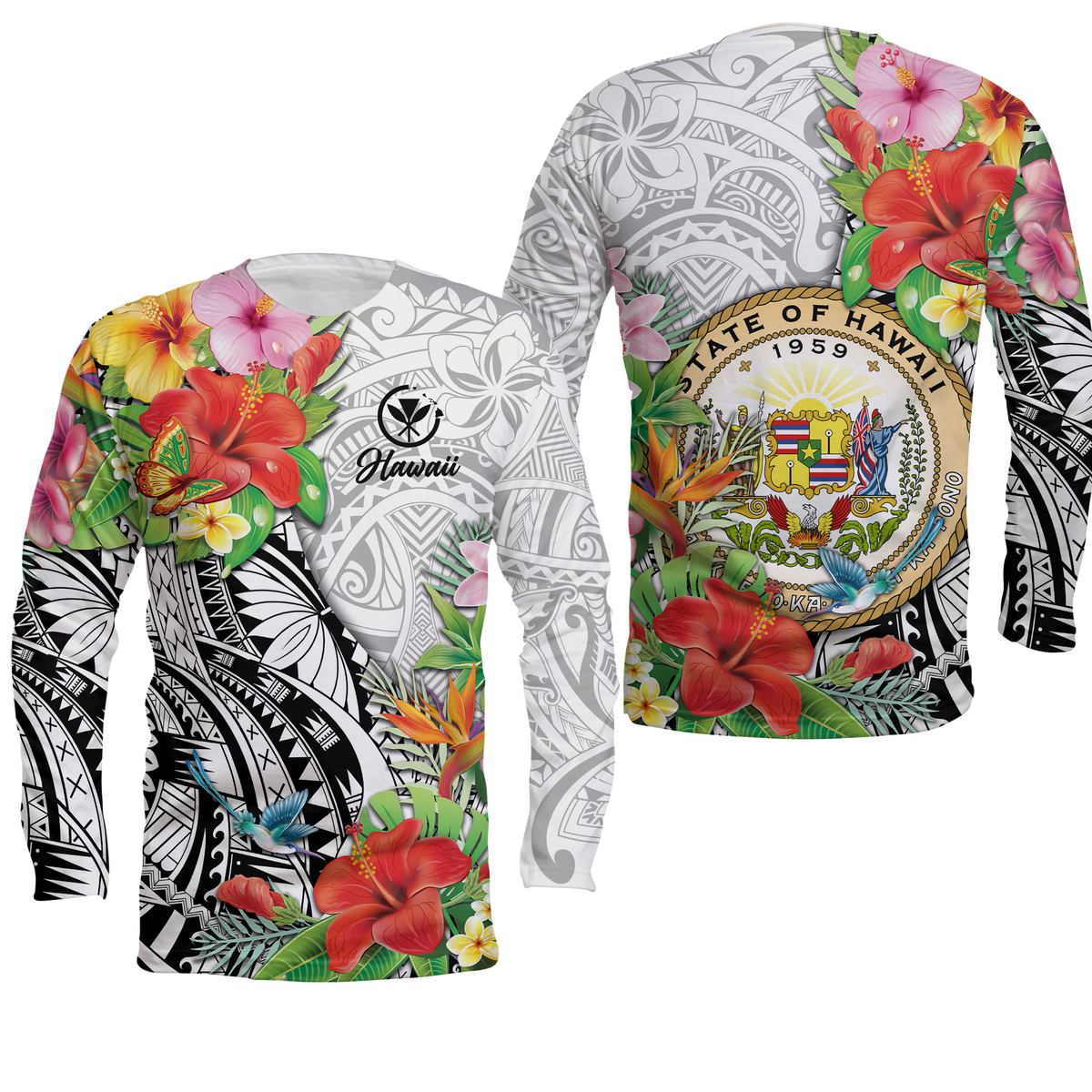 Hawaii Hibiscus Kanaka Polynesia Long Sleeve Shirt - LT2 Unisex WHITE - Polynesian Pride