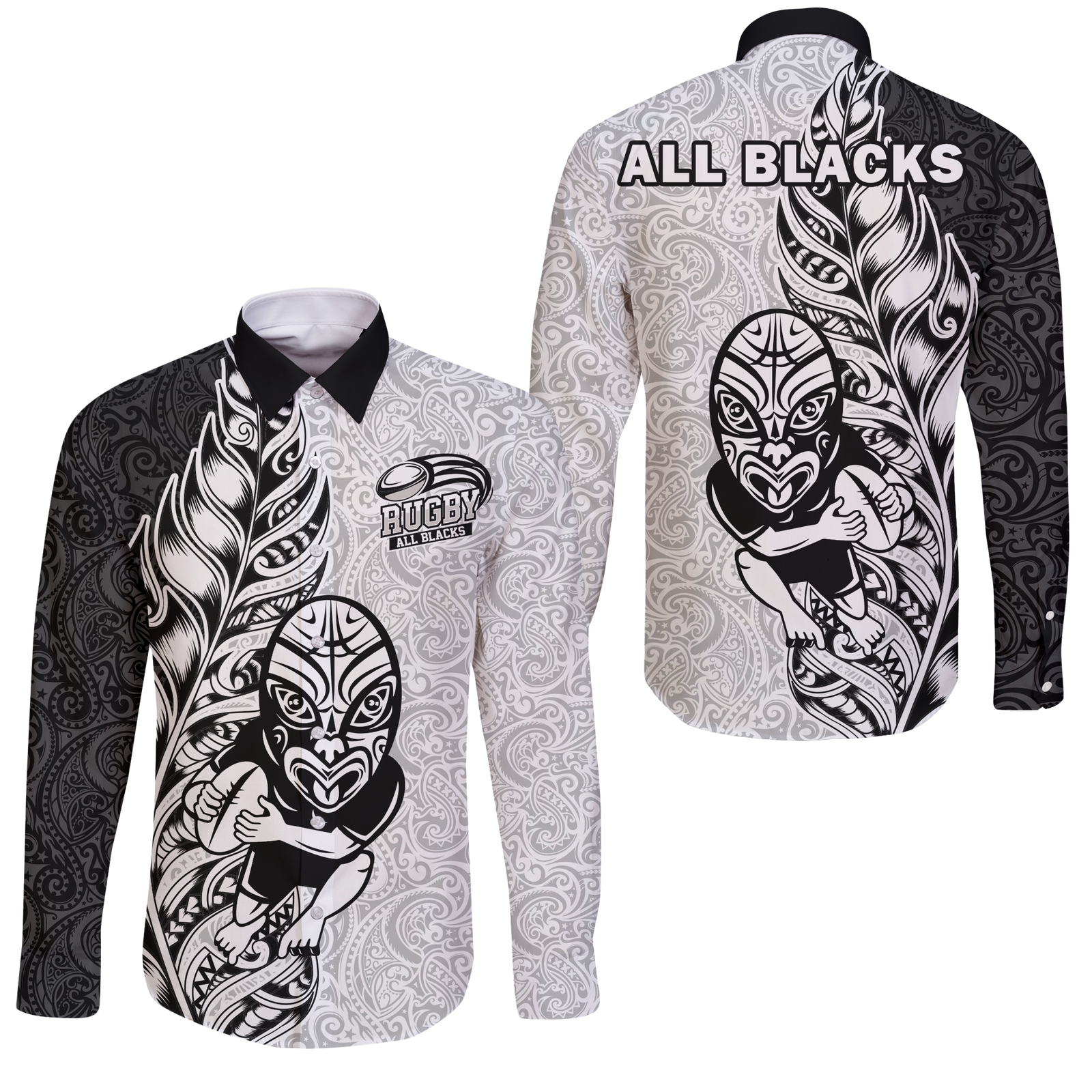New Zealand Maori All Black Rugby Long Sleeve Button Shirt - LT2 Unisex WHITE - Polynesian Pride