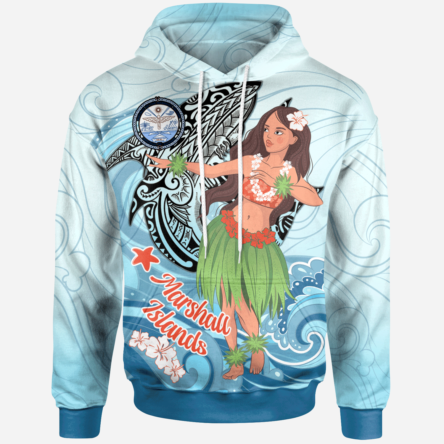 Marshall Islands Hoodie Polynesian Girls With Shark Unisex Blue - Polynesian Pride