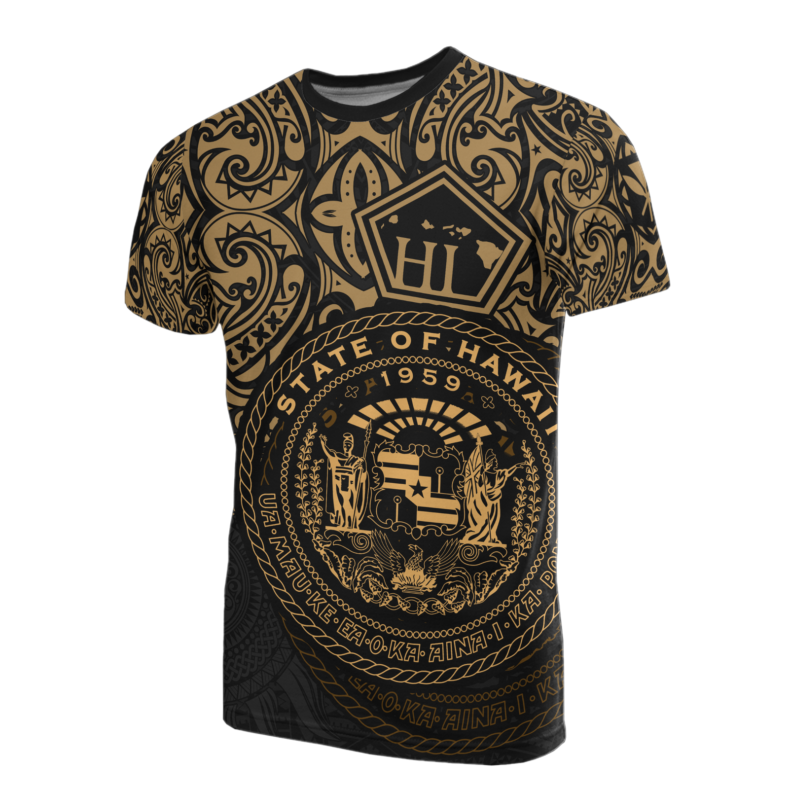 Hawaii Pride T Shirt Hawaii Seal Polynesian Tattoo (Gold) Unisex BLACK - Polynesian Pride
