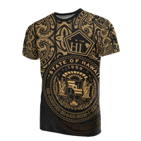 Hawaii Pride T Shirt Hawaii Seal Polynesian Tattoo (Gold) Unisex BLACK - Polynesian Pride