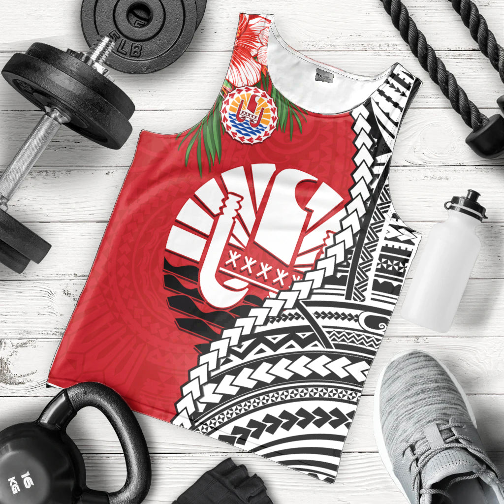 Tahiti Islands Men Tank Top Polynesian Shark Mix Tropical Flowers LT14 Red - Polynesian Pride