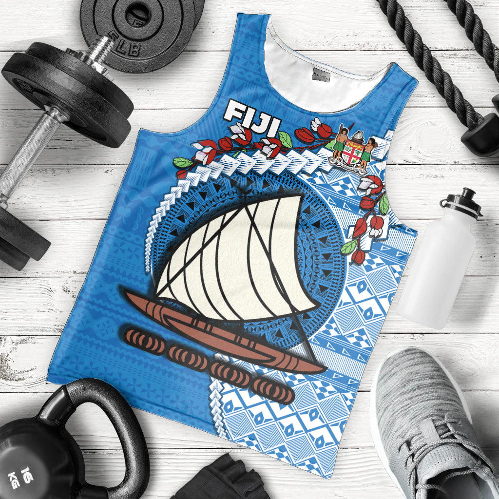 Fiji Men Tank Top Fijian Drua Mix Tagimaucia Flower Blue Style LT14 Blue - Polynesian Pride