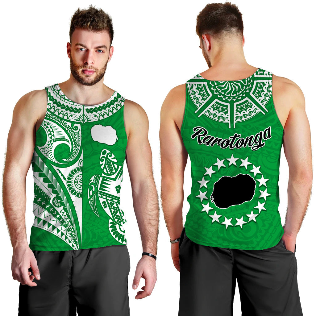 Rarotonga Cook Islands Men Tank Top Turtle and Map Style Green LT13 - Polynesian Pride