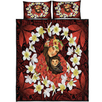 Kanaka Mother And Child Plumeria Leis Polynesian Quilt Bed Set - Warm Heart - AH Red - Polynesian Pride