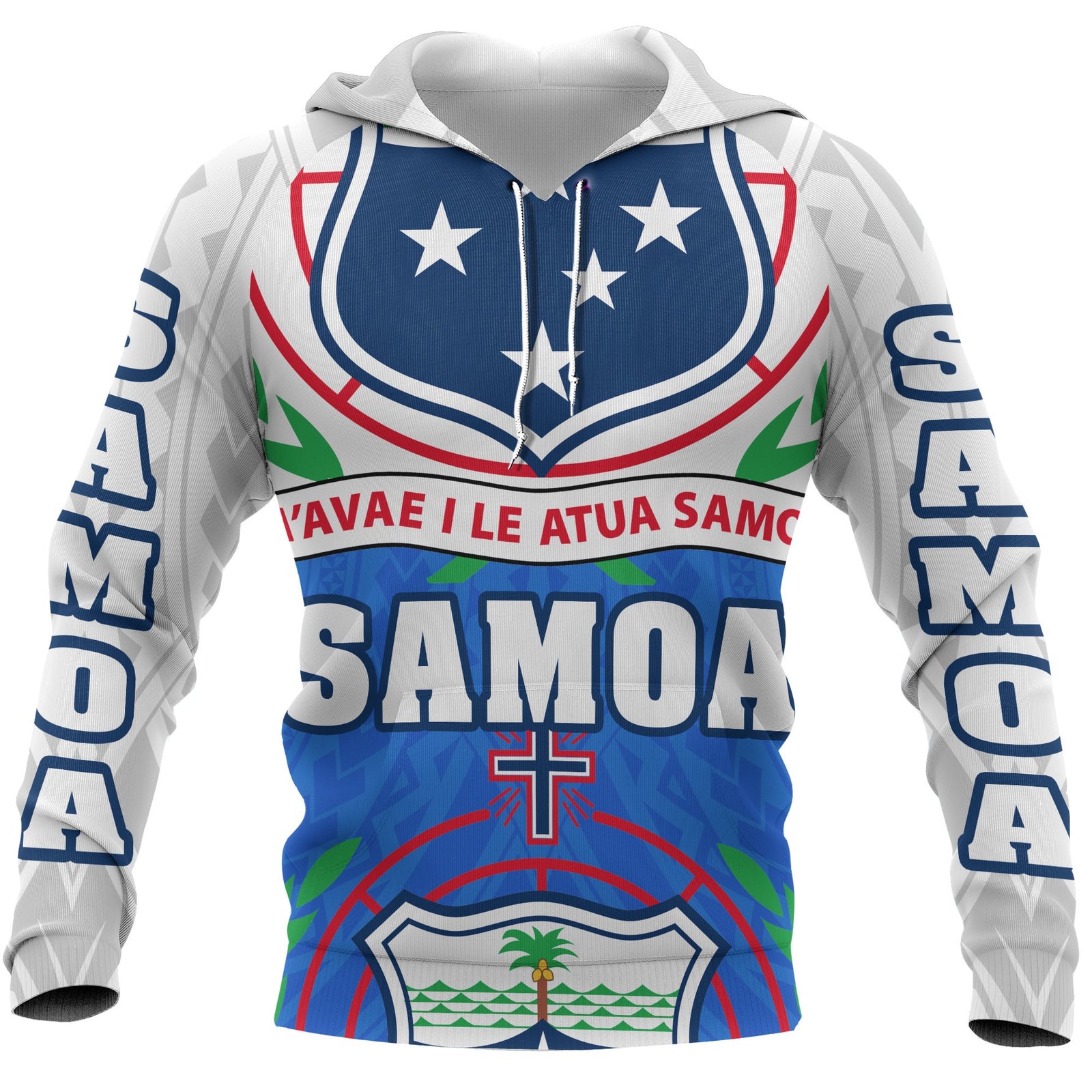 Samoa All Over Hoodie Coat of Arm Unisex Blue & White - Polynesian Pride