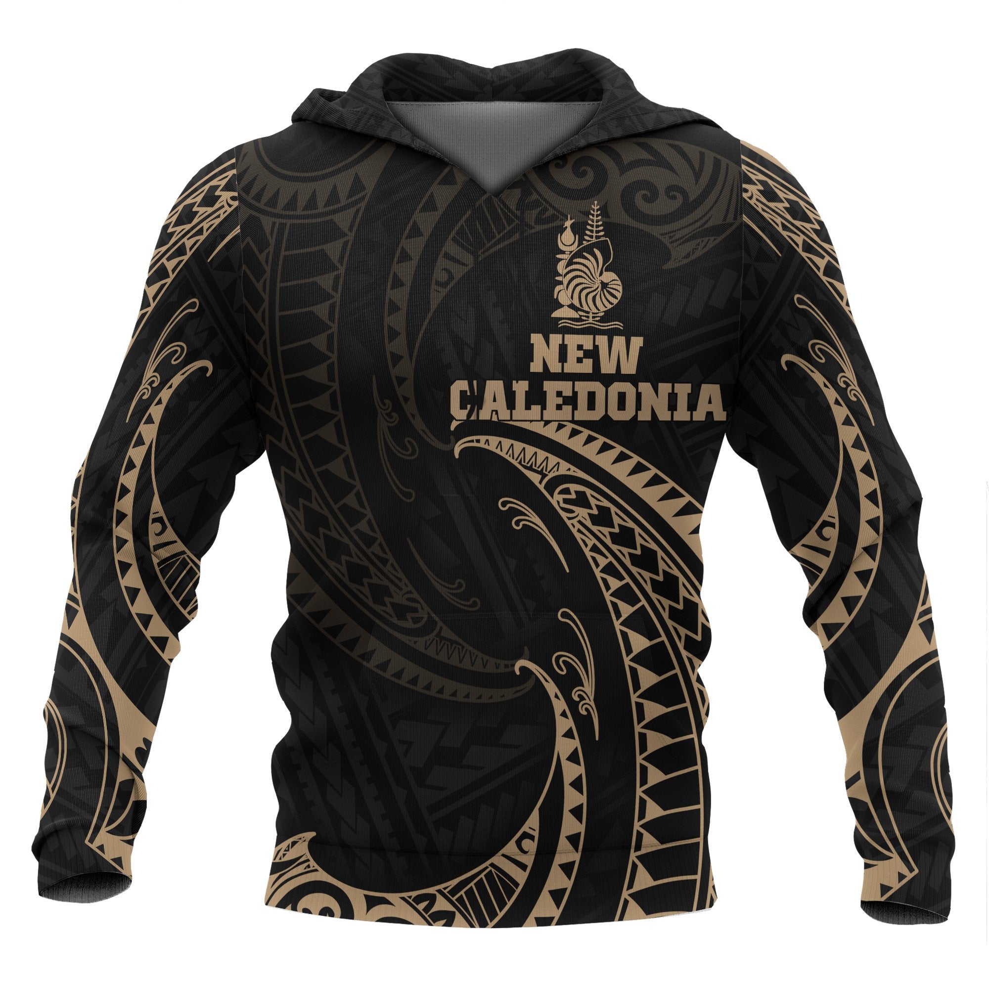 New Caledonia Polynesian Hoodie Gold Tribal Wave Unisex Black - Polynesian Pride