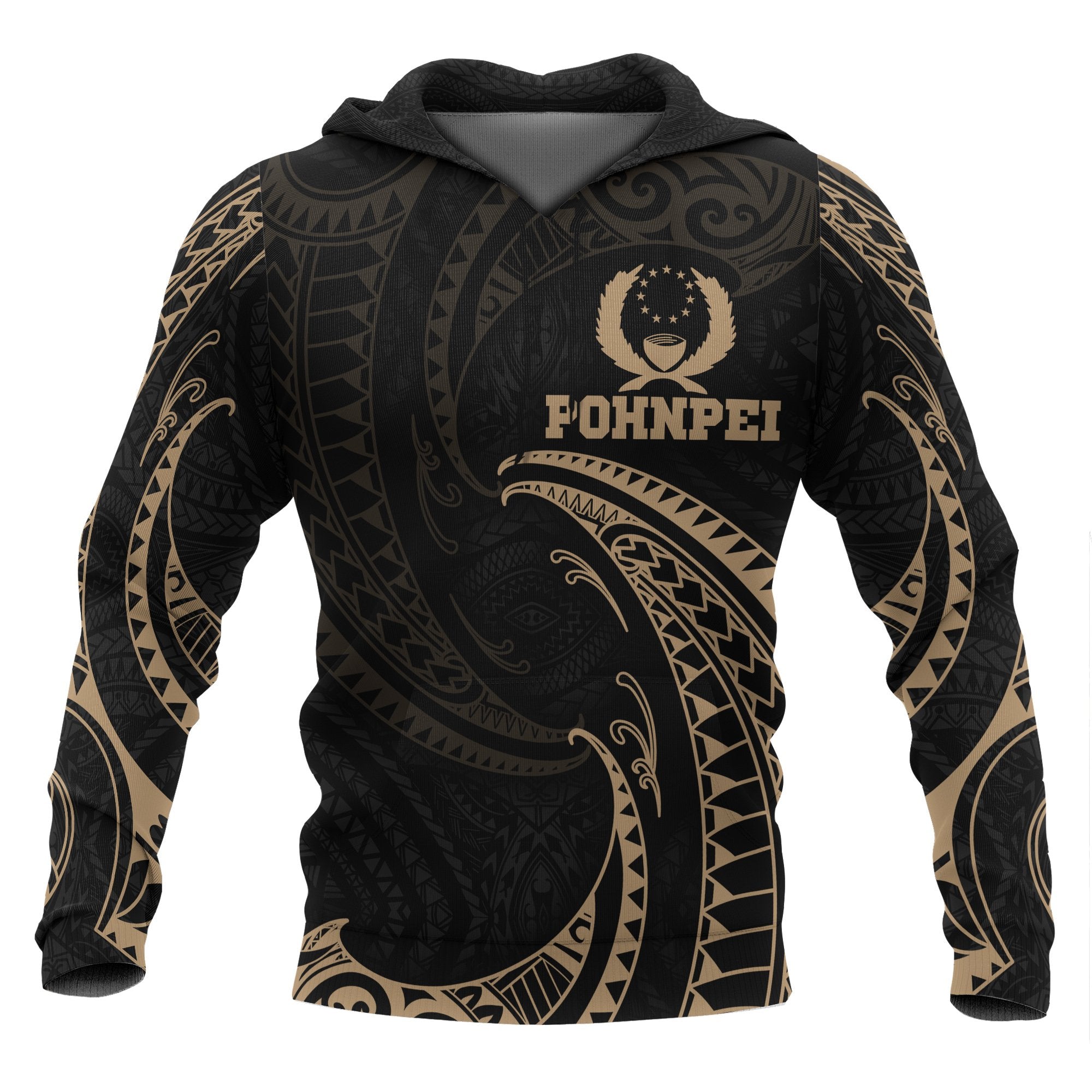 Pohnpei Micronesia Hoodie Gold Tribal Wave Unisex Black - Polynesian Pride
