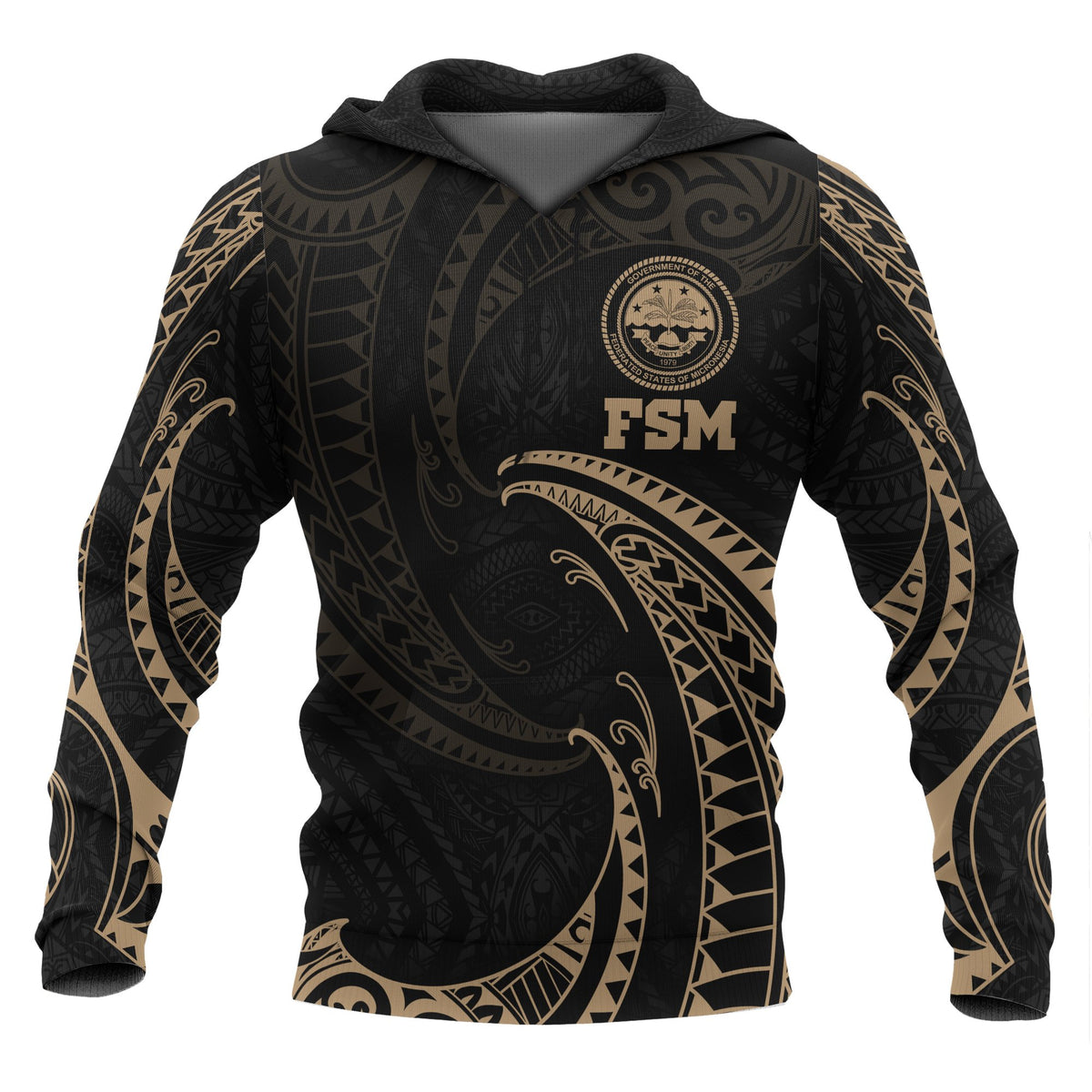 Federated States of Micronesia ll Over Hoodie Gold Tribal Wave Unisex Black - Polynesian Pride