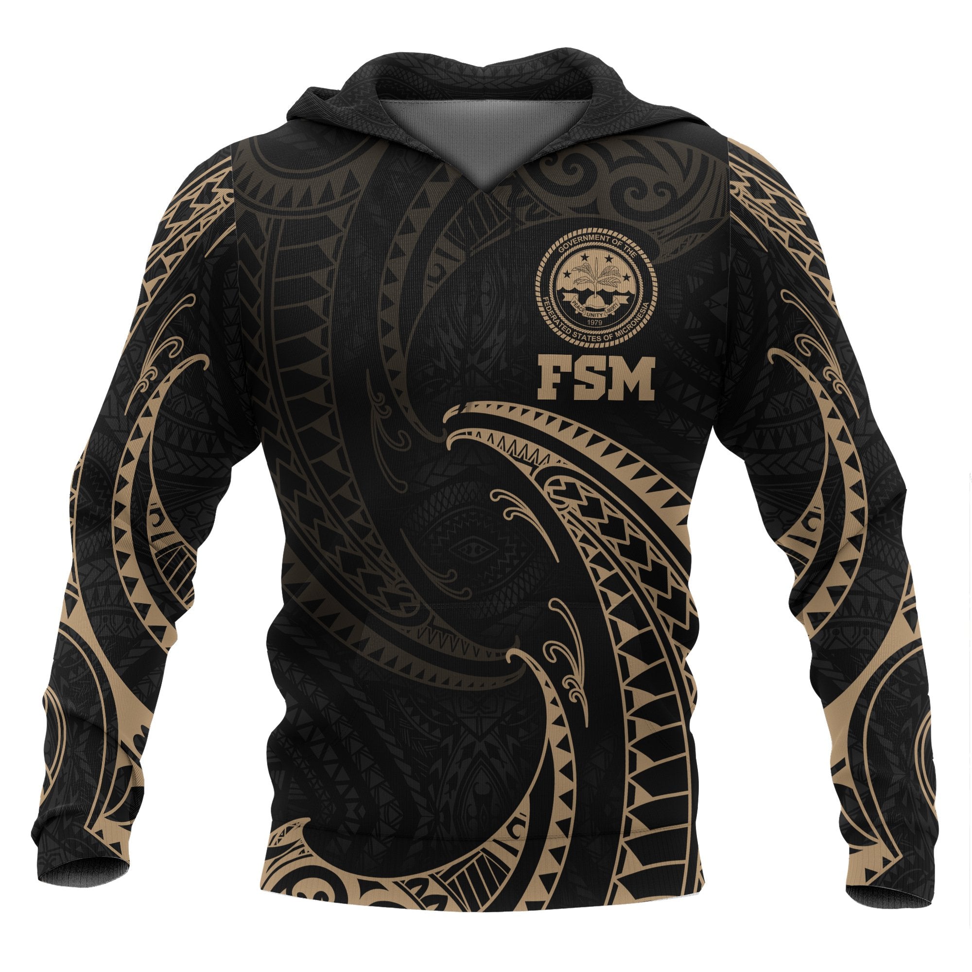 Federated States of Micronesia ll Over Hoodie Gold Tribal Wave Unisex Black - Polynesian Pride