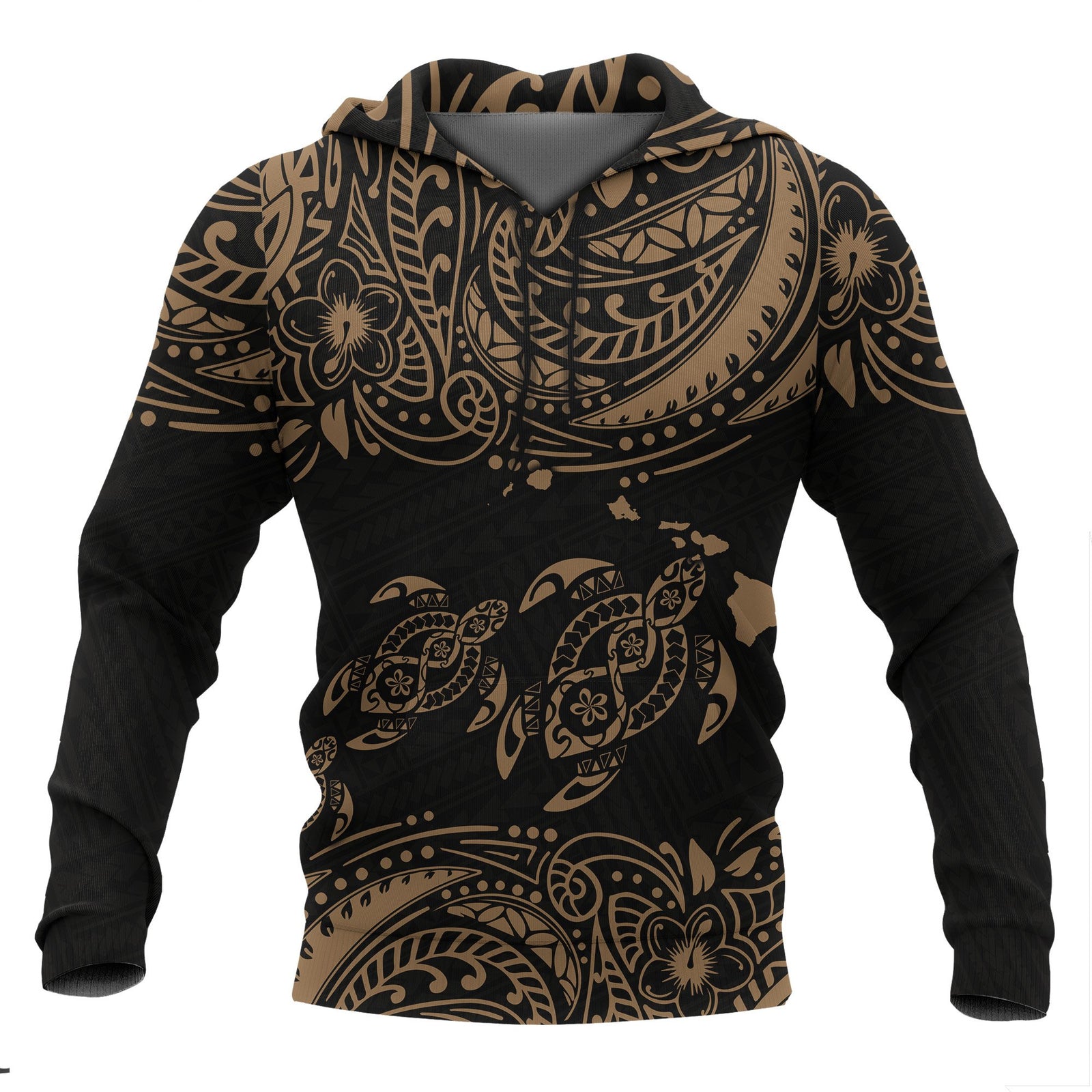 Hawaii Polynesian All Over Hoodie Gold Sea Turtle Unisex Black - Gold - Polynesian Pride