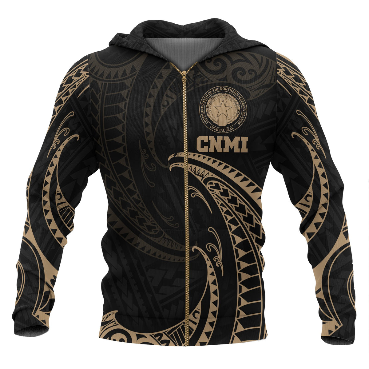 Northern Mariana Islands Polynesian Zip up Hoodie Gold Tribal Wave Unisex Black - Polynesian Pride