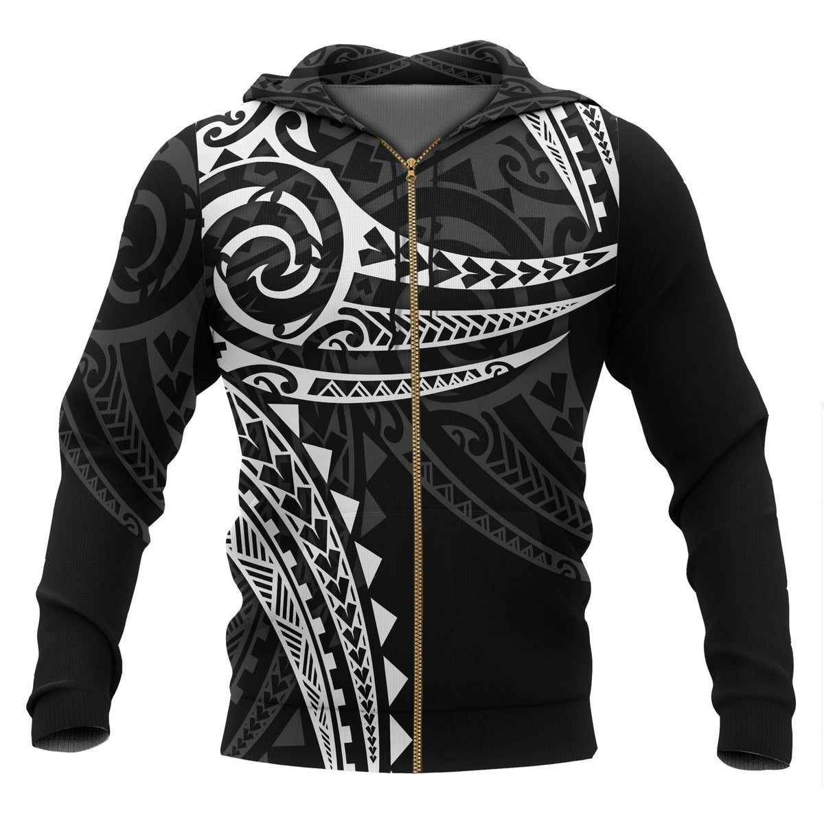 Polynesian Zip up Hoodie White Tribal Pattern Unisex Black - Polynesian Pride