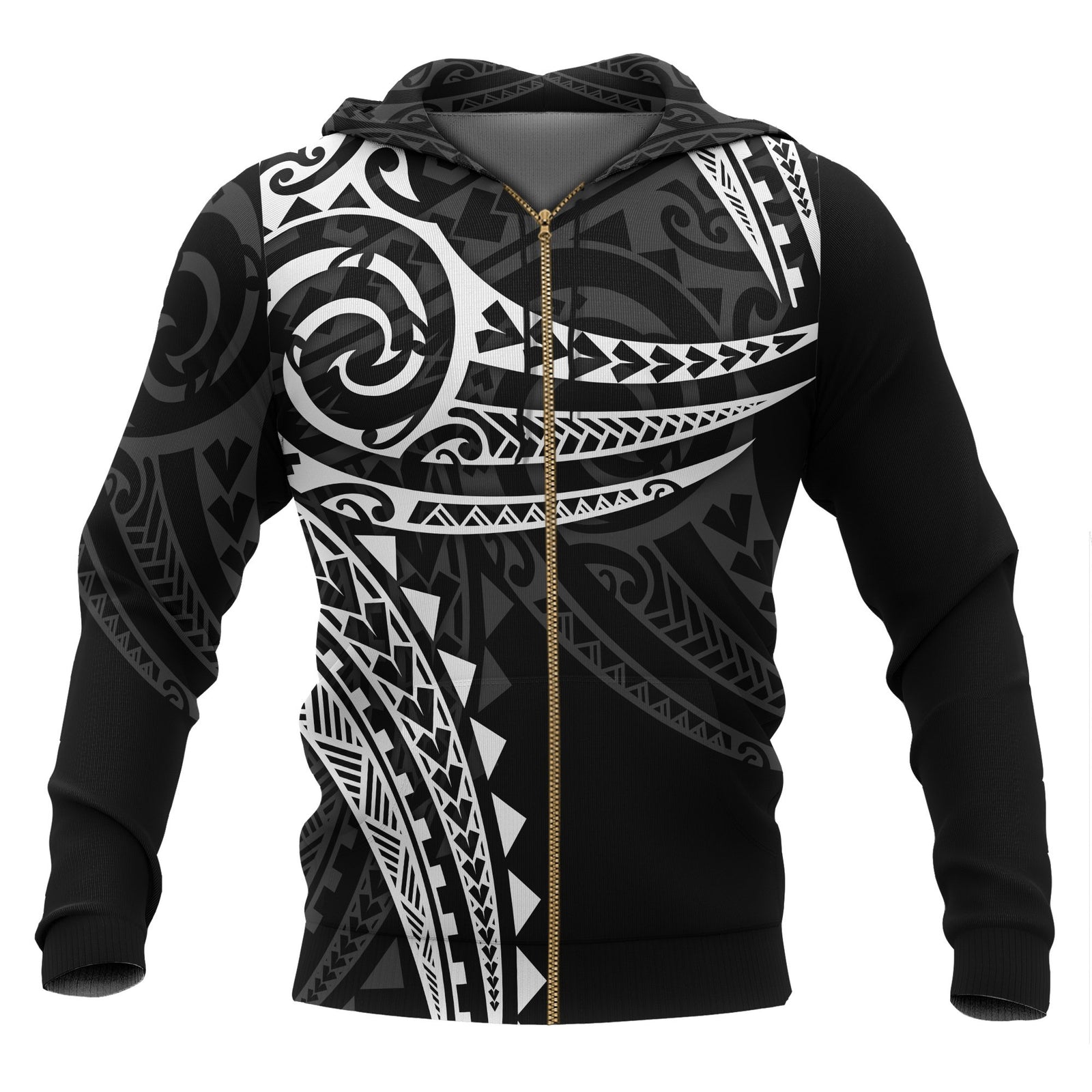 Polynesian Zip up Hoodie White Tribal Pattern Unisex Black - Polynesian Pride