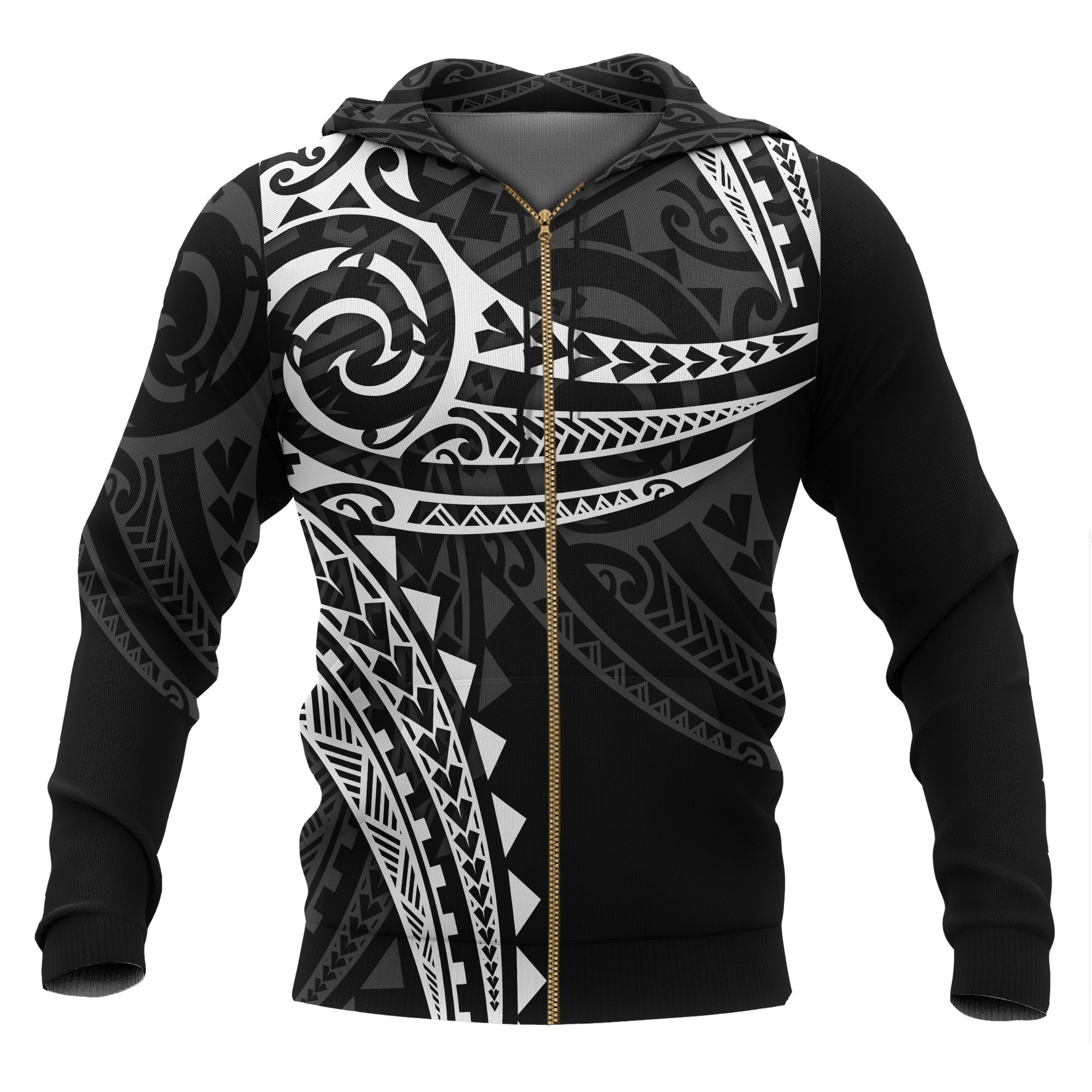 Polynesian Zip up Hoodie White Tribal Pattern Unisex Black - Polynesian Pride