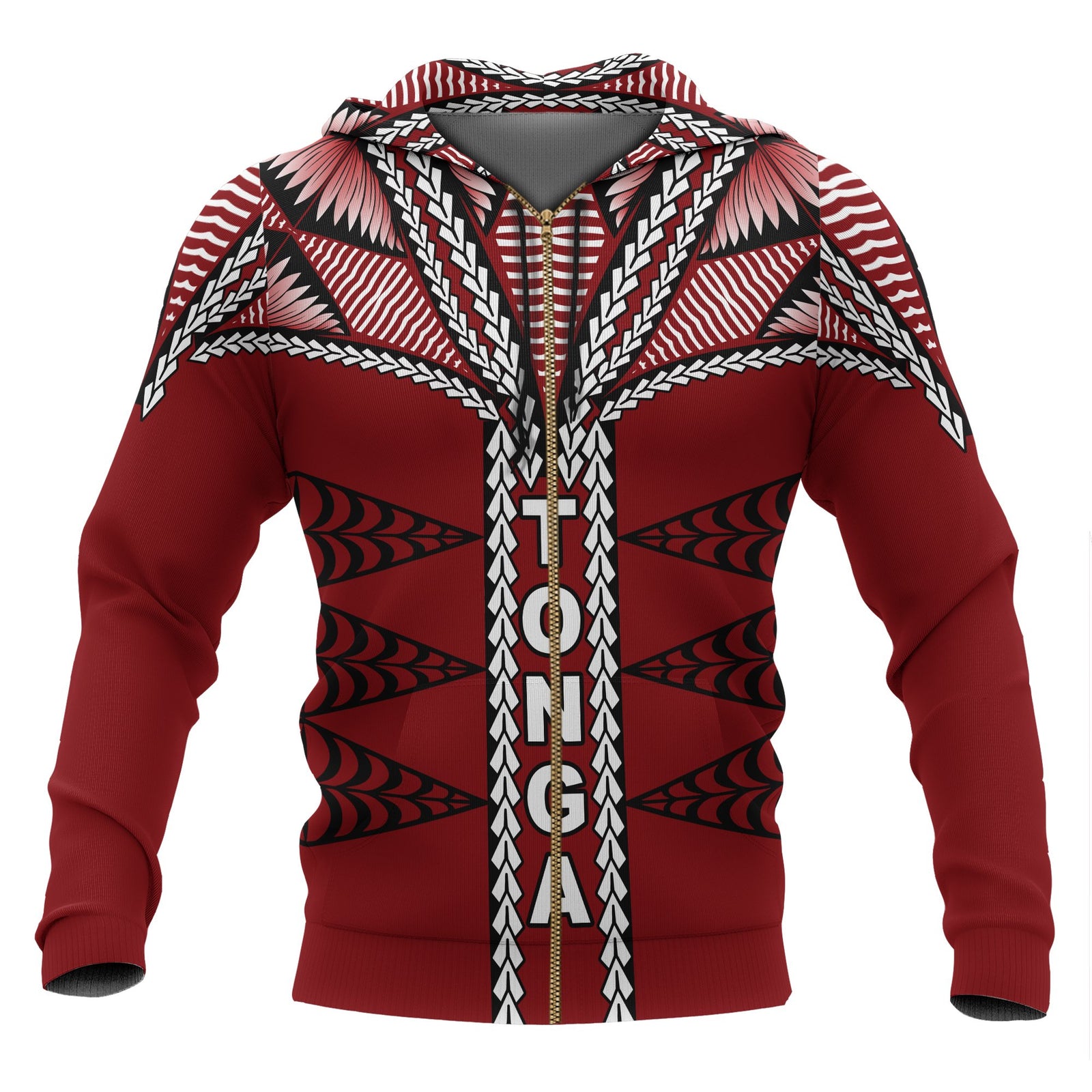 Tonga Polynesian All Over Zip up Hoodie Tongan Ngatu Pattern Unisex Red - Polynesian Pride