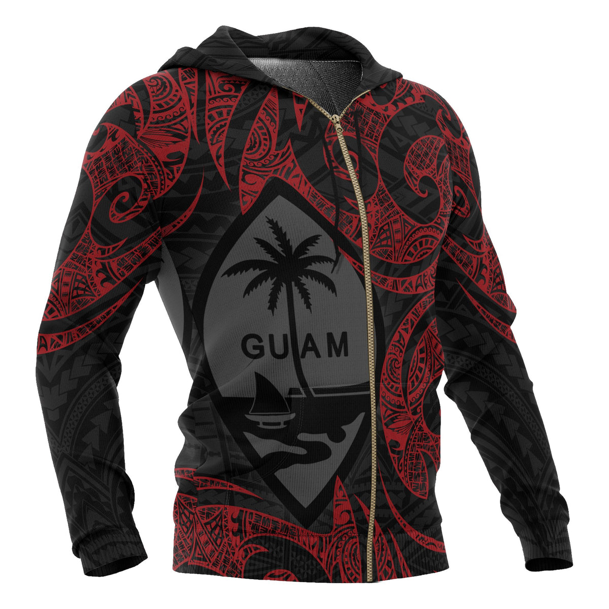 Guam Polynesian All Over Zip up Hoodie Red Tribal - Polynesian Pride