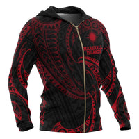 Marshall Islands Polynesian Zip up Hoodie Red Tribal Wave - Polynesian Pride