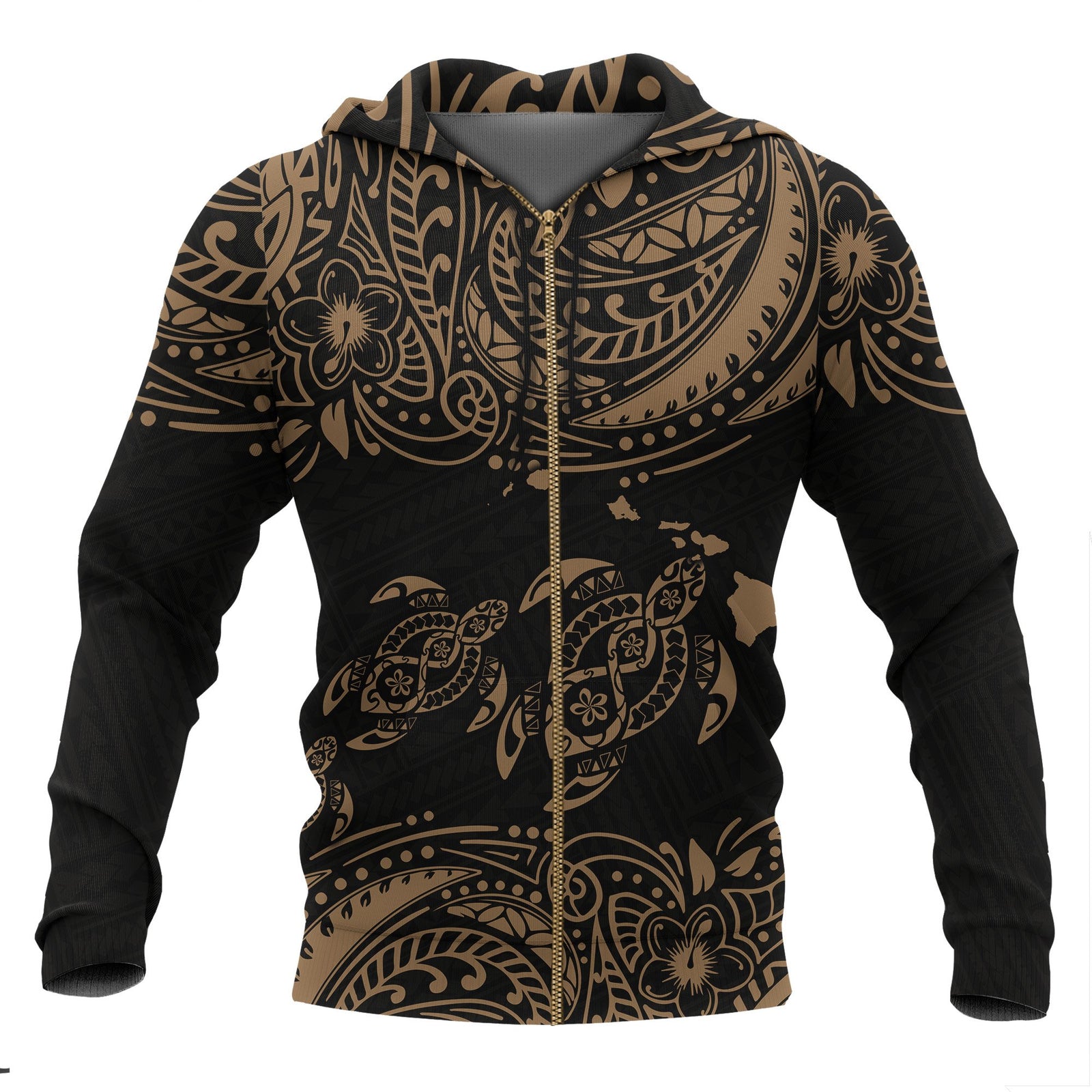 Hawaii Polynesian All Over Zip up Hoodie Gold Sea Turtle Unisex Black - Gold - Polynesian Pride