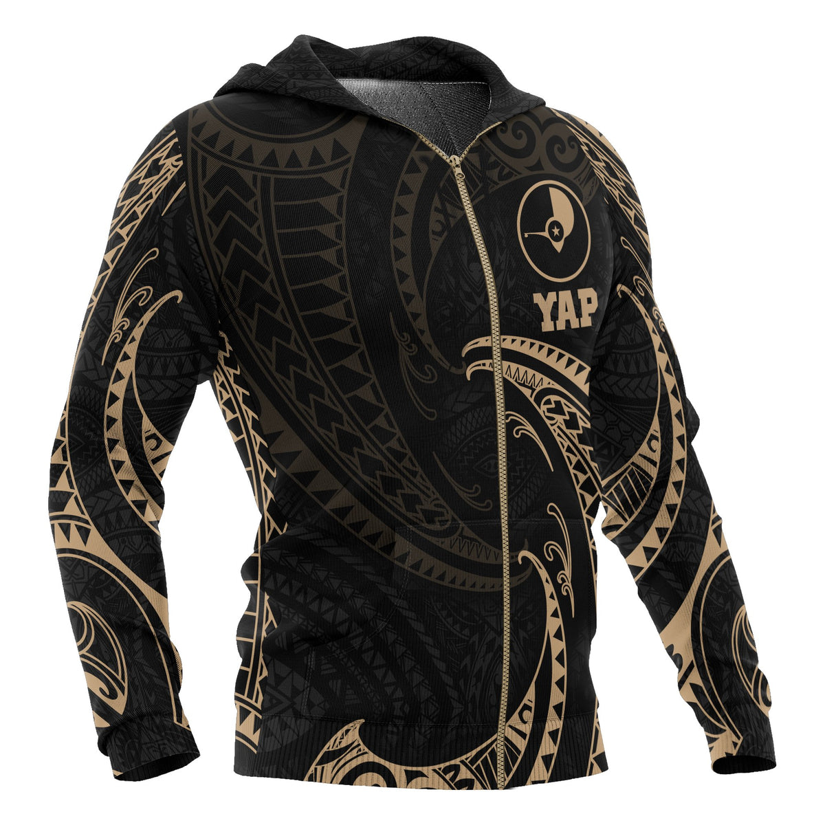 Yap Micronesia All Over Zip up Hoodie Gold Tribal Wave - Polynesian Pride
