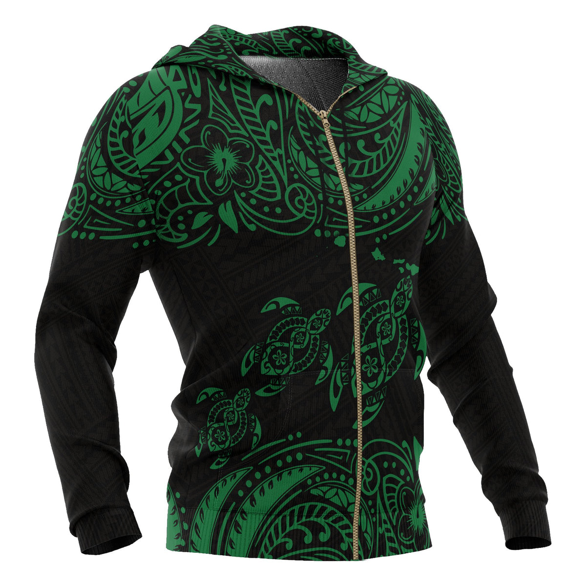 Hawaii Polynesian All Over Zip up Hoodie Green Sea Turtle - Polynesian Pride